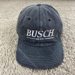 Vtg 1996 Busch Beer‎ Hat Gray Canvas White Stitch Script Adjustable Cap Made USA
